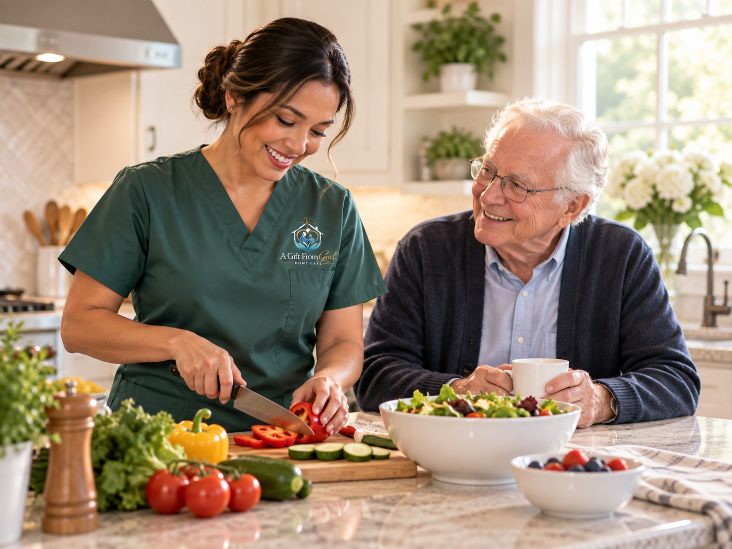 Caregiver preparing fresh, healthy, nutritious meals in kitchen